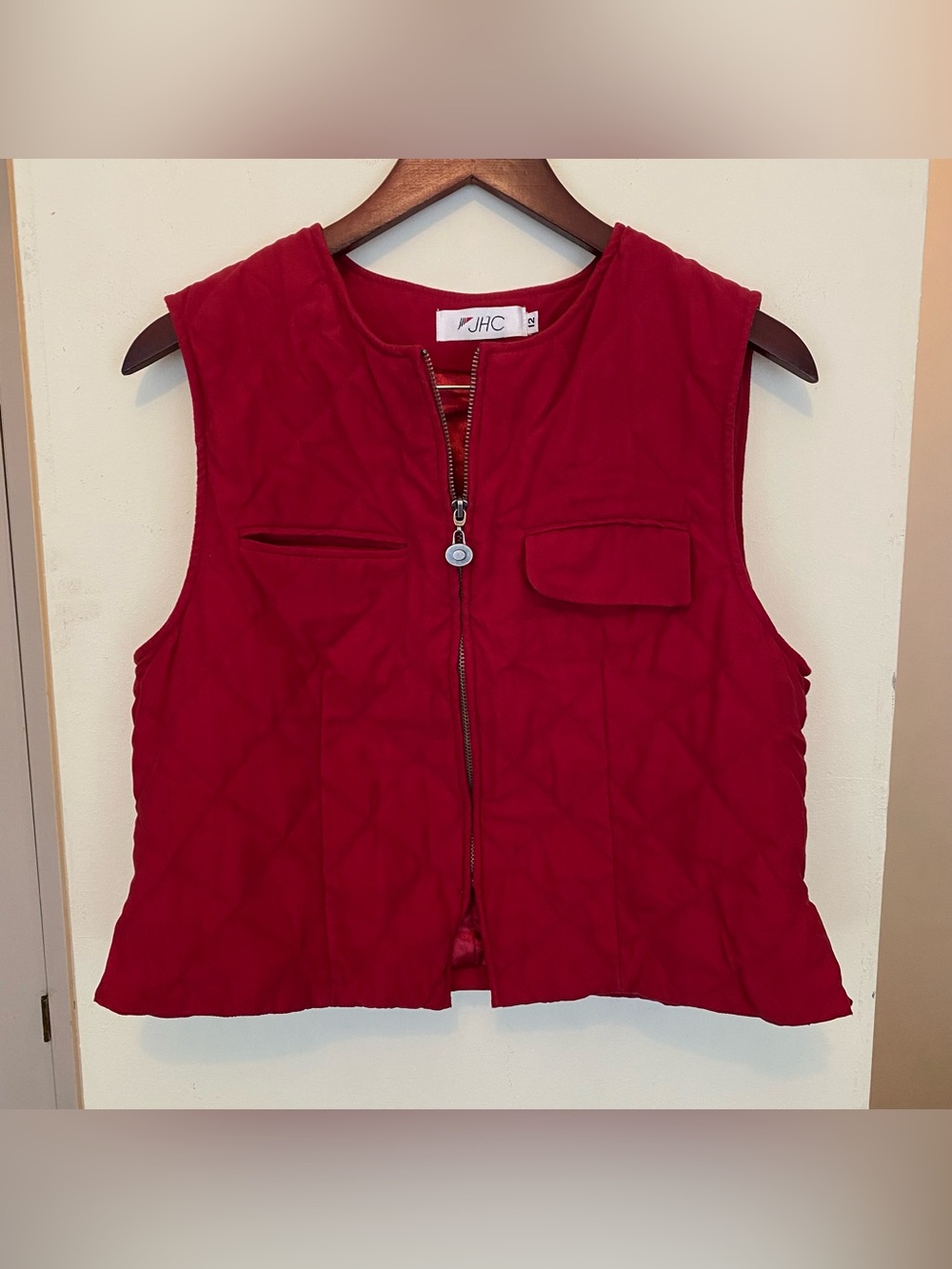 Vintage JHC Crop Quilted Red Zipper Vest Womens Size 12 Pockets